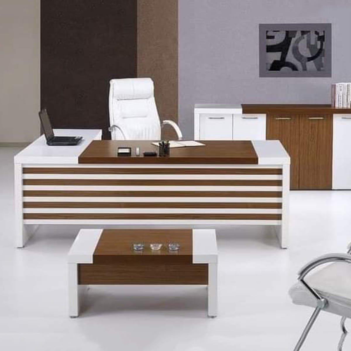 2 (1) مكتب مدير أبيض خشب MDF اسباني - الصورة 1